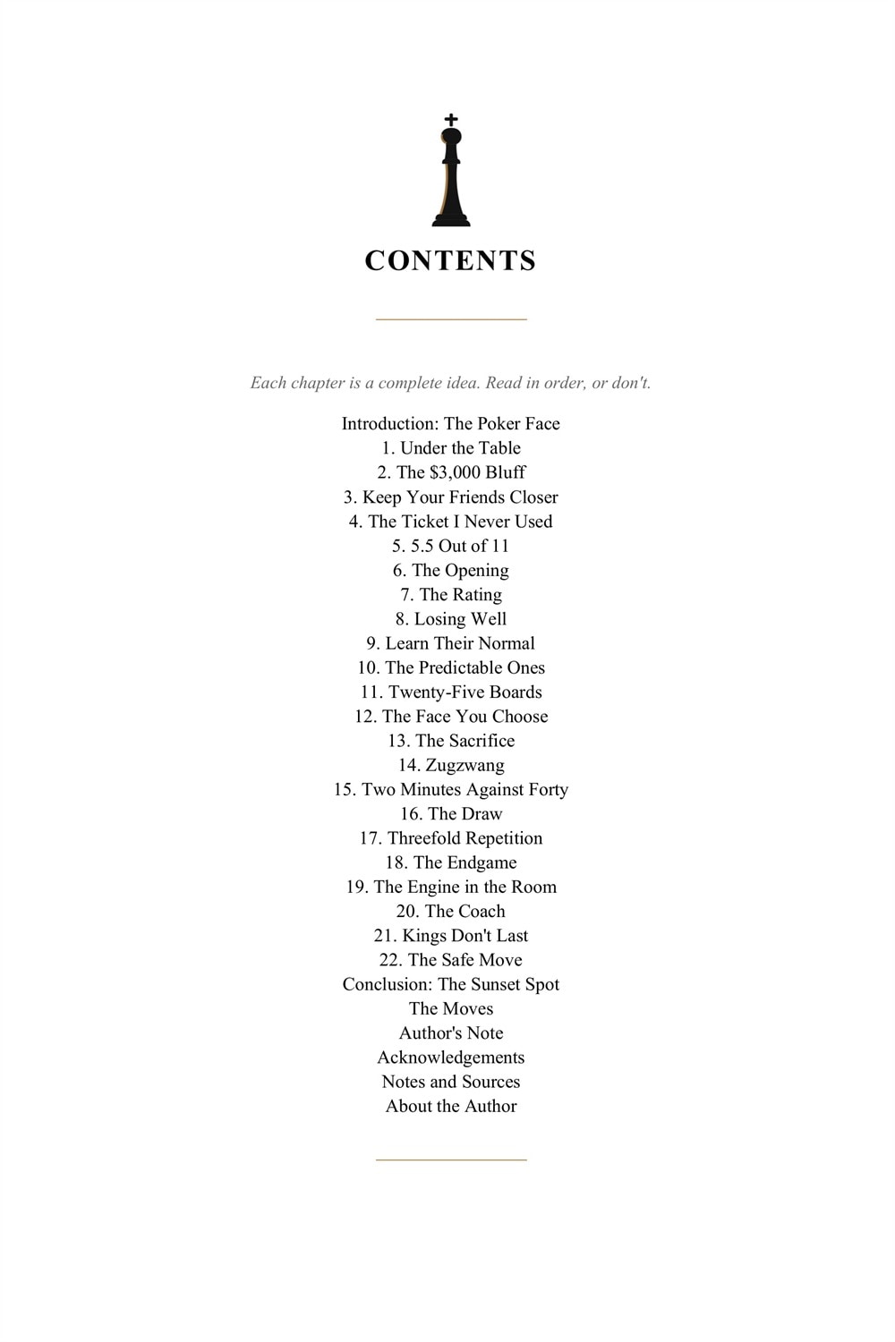 Contents page of Zugzwang, listing twenty-two chapters